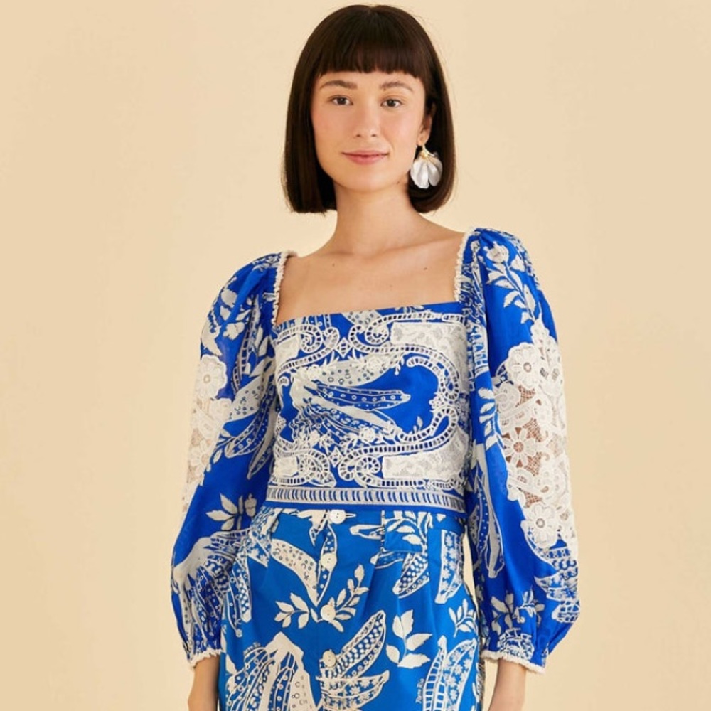 FARM RIO blue lace banana top NWT
